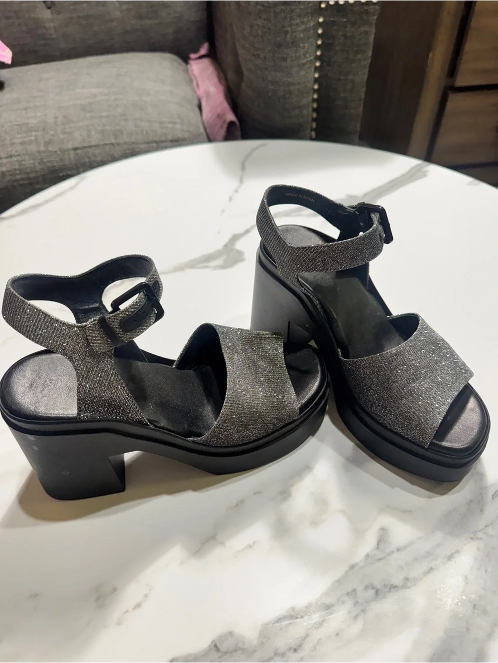Robert Clergerie Silver Glitter Platform Sandals with Black Chunky Heel
